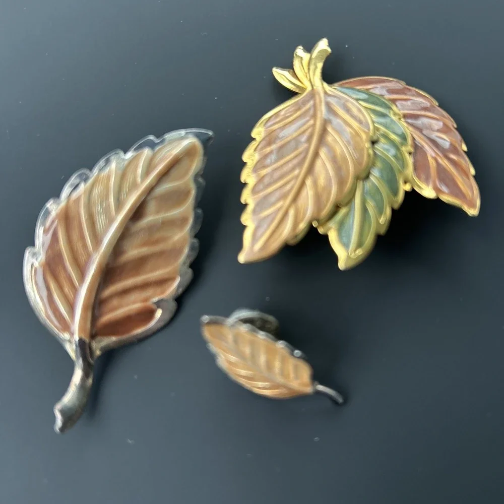 VTG 3 Pc LEAVES BROOCH LOT silver gold